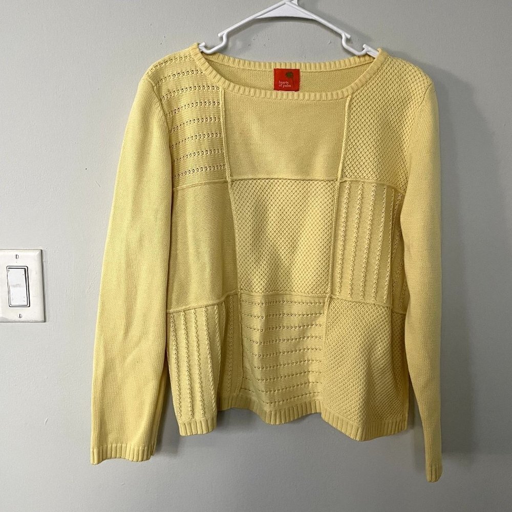 Hearts of Palm yellow knit patchwork detail crewneck boho bright women size XL